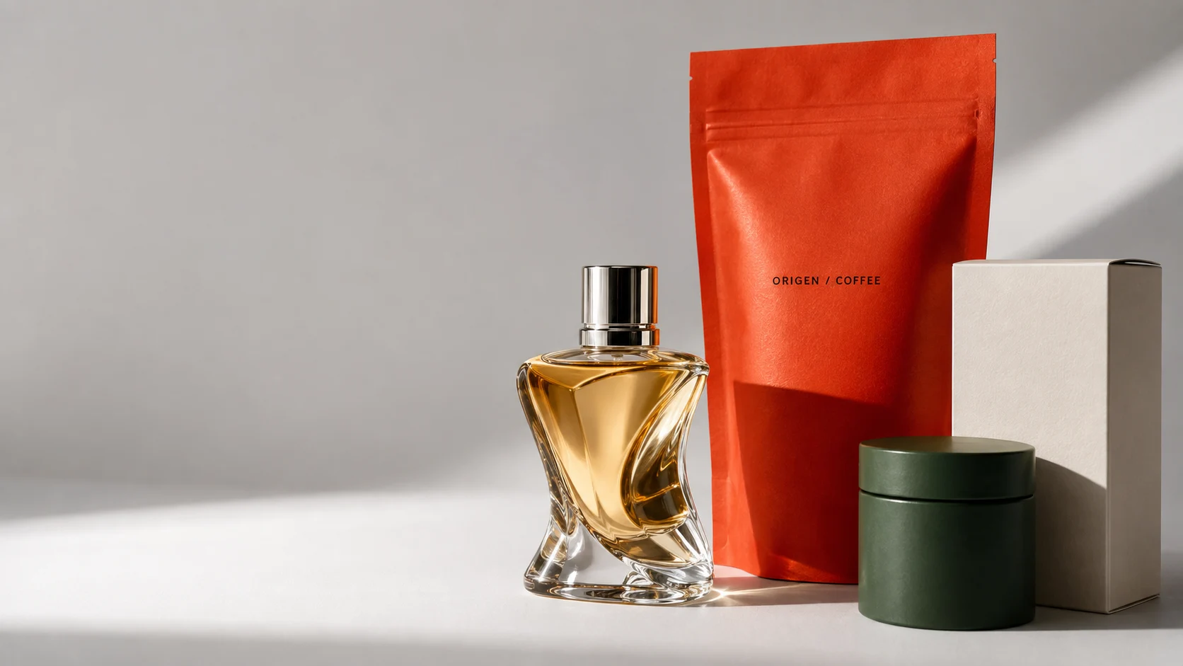 Concept packaging: sculptural perfume bottle, coffee pouch, cosmetic carton and jar